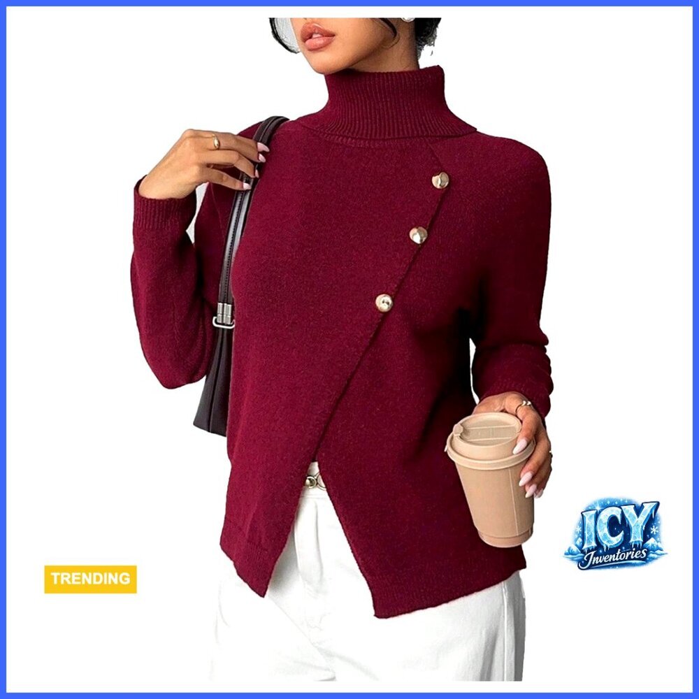 Polyester Button Wrap Top Turtleneck Sweater Pullover Knit